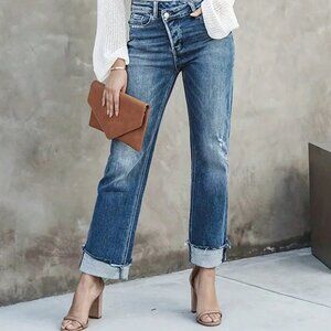 Blue Casual Women's High Waist Raw Cut Straight Leg Jeans